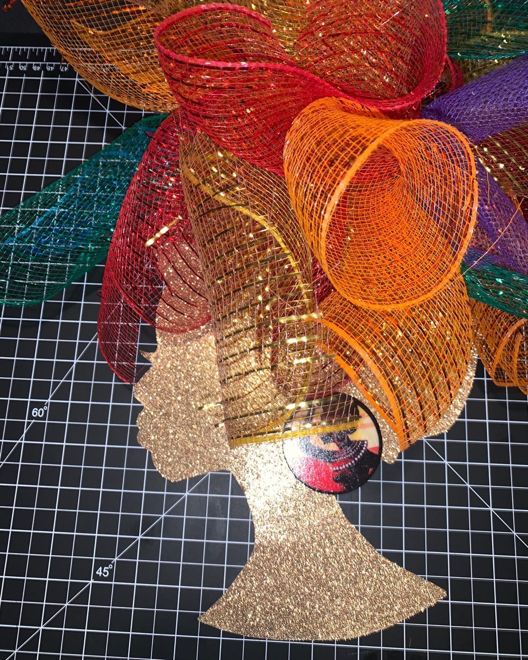 Colorful mesh wreath in progress